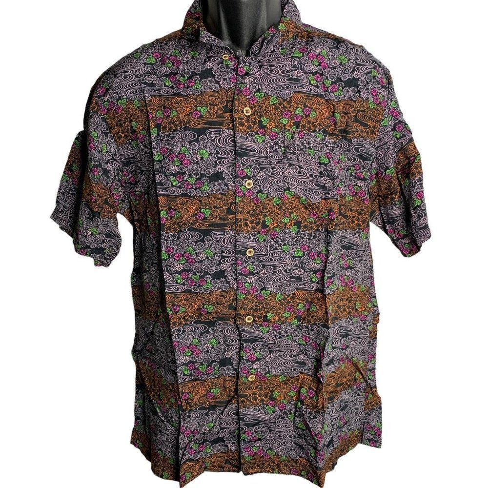 Vintage Button Up Polynesian Shirt L Black Floral Short Sleeve Collar Pocket